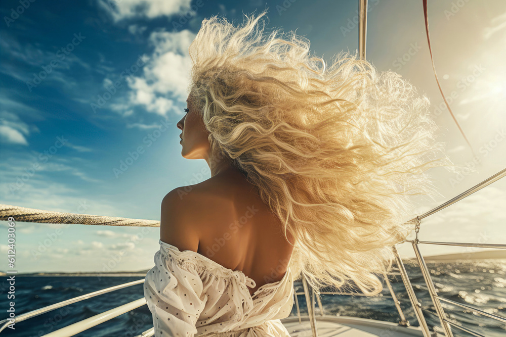Frau mit wehenden blonden Haaren auf einer Yacht im Sonnenschein. AI Generiert