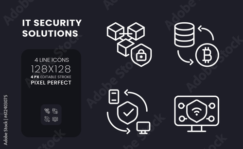 Data privacy solutions white linear desktop icons on black. Risk management software. Pixel perfect 128x128, outline 4px. Isolated interface symbols pack for dark mode. Editable stroke