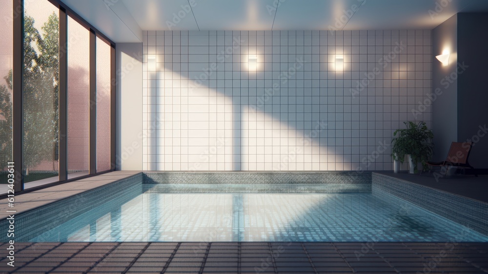 Fototapeta premium Indoor swimming pool in a luxurious modern house. White tiles walls and grey tiles floor, deck chairs, a plant in an outdoor flowerpot, floor-to-ceiling window with garden view. 3D Generative AI