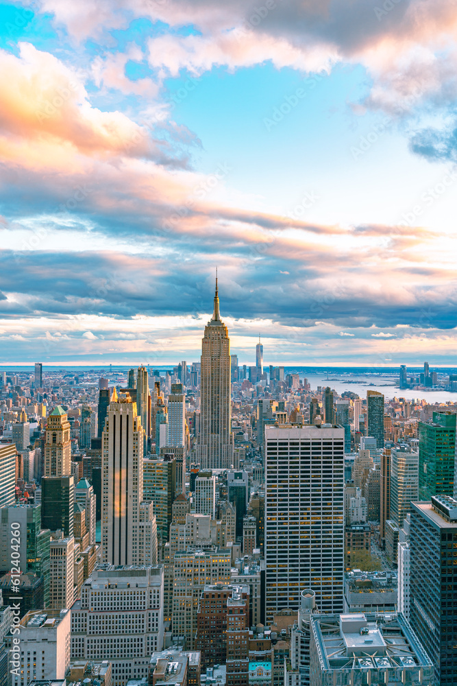 Aerial view of Manhattan skyline at sunset, New York City