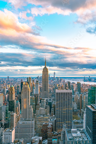 Aerial view of Manhattan skyline at sunset, New York City © ronnybas
