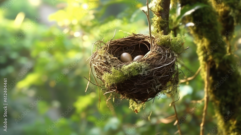 A comfortable nest hangs from a bough in a leafy forest teeming with vitality. Ideal for environmental, animal, and home decor themes. Ai Generative A comfortable nest hangs from a bough in a leafy forest teeming with vitality. Ideal for environmental, animal, and home decor themes. Ai Generative