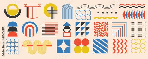 Brutalist design elements. Set of geometric shapes and grids. Trendy 90s - 2000s style. Elements for posters, stickers, clothes. Bauhaus design style.