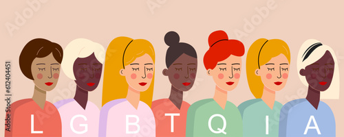 Group of seven women, representing female power, lesbian, LGBT rights and representative t-shirts. Vector, Illustration