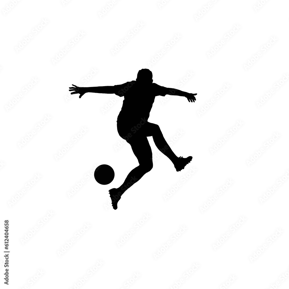 Soccer player. Soccer player silhouette. Black and white soccer player illustration.