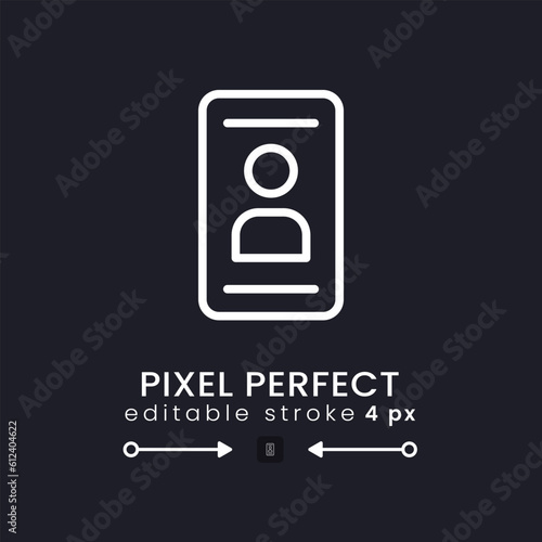 Personal profile white linear desktop icon on black. Mobile authentication. Identity verification. Pixel perfect 128x128, outline 4px. Isolated user interface symbol for dark theme. Editable stroke