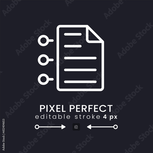 Contract conditions white linear desktop icon on black. Legal document. Partnership agreement. Pixel perfect 128x128, outline 4px. Isolated user interface symbol for dark theme. Editable stroke