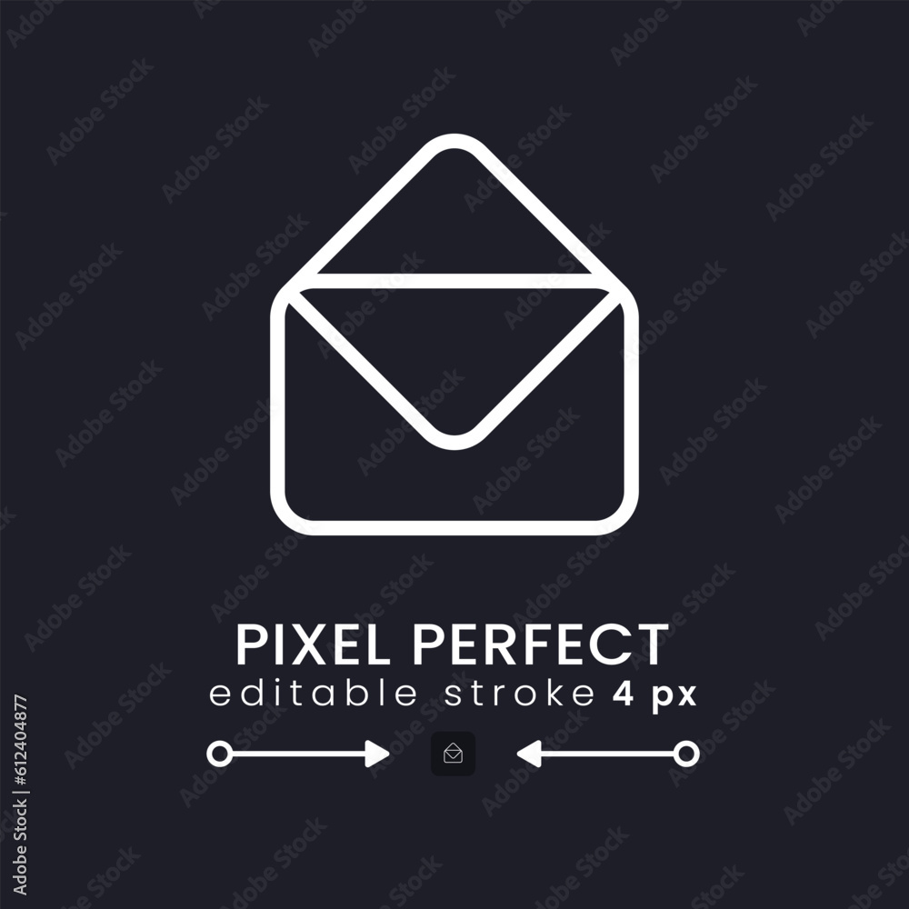 Email white linear desktop icon on black. Message receiving. Online communication. Digital service. Pixel perfect 128x128, outline 4px. Isolated user interface symbol for dark theme. Editable stroke Email white linear desktop icon on black. Message receiving. Online communication. Digital service. Pixel perfect 128x128, outline 4px. Isolated user interface symbol for dark theme. Editable stroke