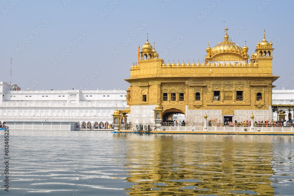 Beautiful view of Golden Temple (Harmandir Sahib) in Amritsar, Punjab, India, Famous indian sikh landmark, Golden Temple, the main sanctuary of Sikhs in Amritsar, India