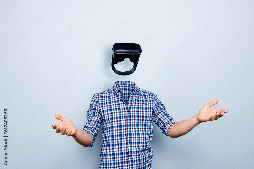 Collage 3d virtual reality goggles man headless invincible using modern ...