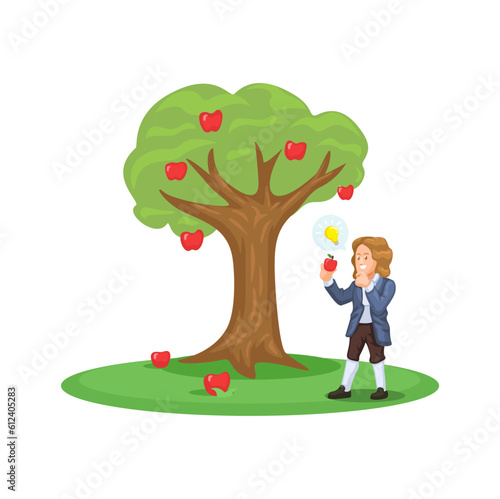 Isaac Newton Beside The Apple Tree. Discoverer Of The Theory Of Gravity Scene Cartoon Illustration Vector