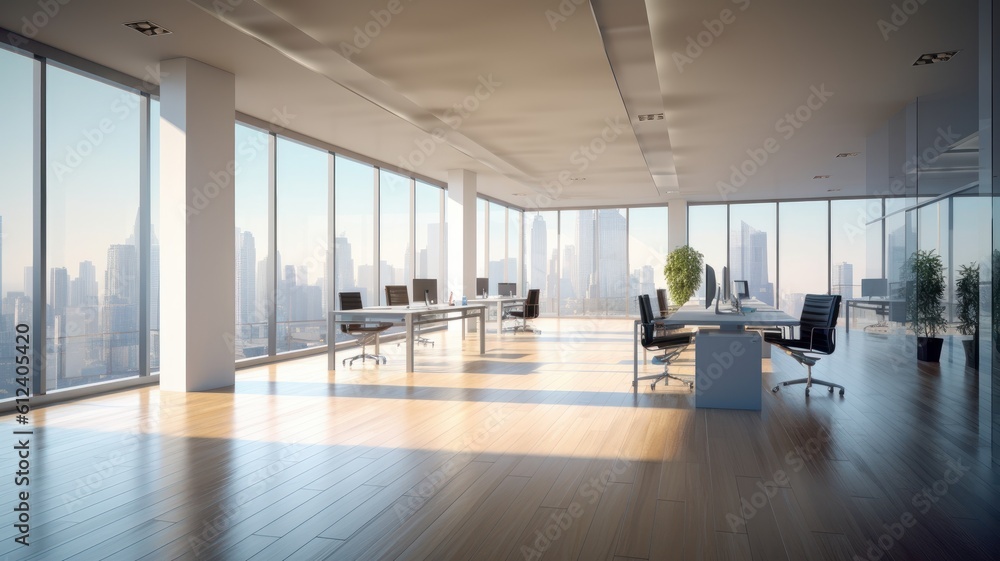 Hi-tech open space office with floor-to-ceiling windows and city views. Light-colored concrete walls and wooden floor, large tables, comfortable chairs, desktop computers, plants in Generative AI
