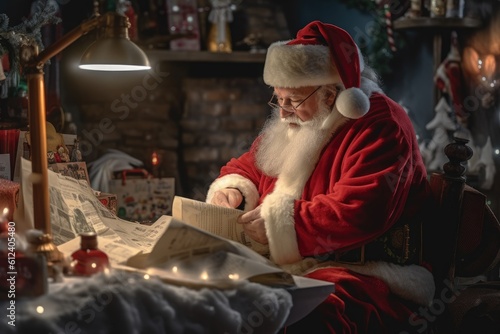 Santa Claus checking his gift list - Illustration created with Generative ai