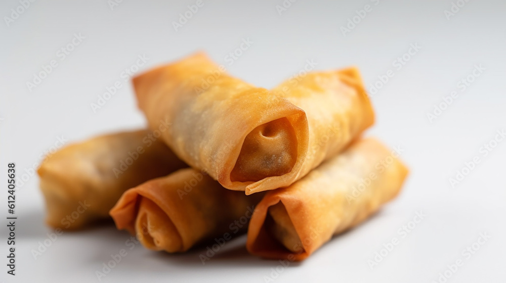 Close up shot of fried spring rolls against a white background Close up shot of fried spring rolls against a white background