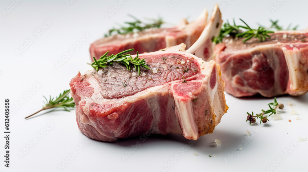 Close up shot of red lamb mutton chops against a white background