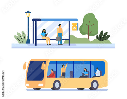Passengers waiting for public bus in city. Flat illustration. Cartoon Transportation
