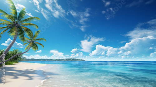 Paradise beach of a peaceful island with palm trees, crystal clear water and sunny blue sky with white clouds - Generative AI
