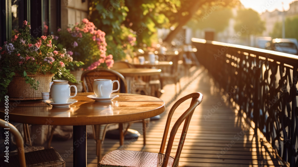 Charming parisian sidewalk cafe,outdoor tables, Paris, France. Generative AI