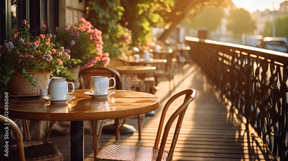 Fototapeta premium Charming parisian sidewalk cafe,outdoor tables, Paris, France. Generative AI