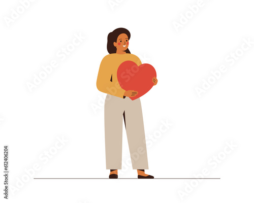 Young woman embraces a big red heart with hands. Happy girl gives love and kindness. Concept of charity, philanthropy, empathy and donation. Vector illustration