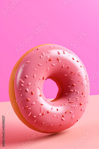 Crispy pink strawberry glazed donut. Generative ai
