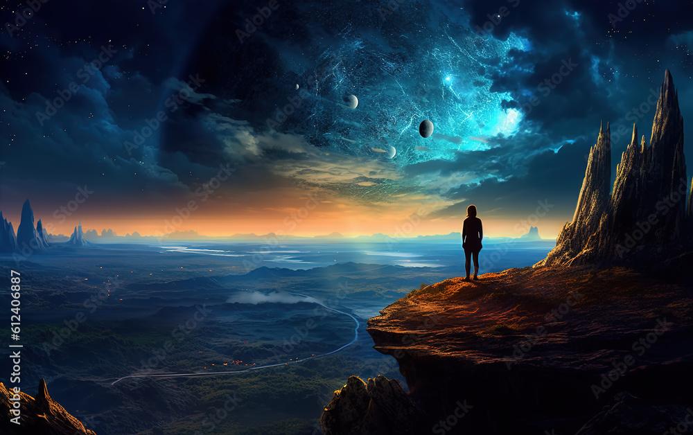 Fototapeta premium Standing alone on the mountaintop, gazing at the starry universe,created with generative ai tecnology.