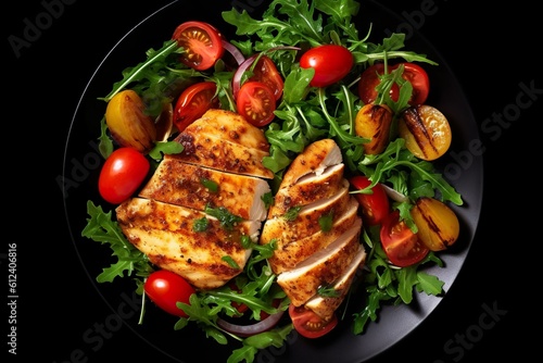 Chicken breast fillet grilled and fresh vegetable green salad with arugula, tomatoes and olives on black background, healthy food, mediterranean diet | Generative AI 