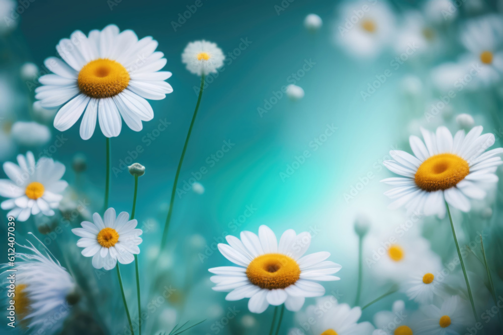 Beautiful floral natural blue turquoise background with a frame of white daisies using a soft blur filter.