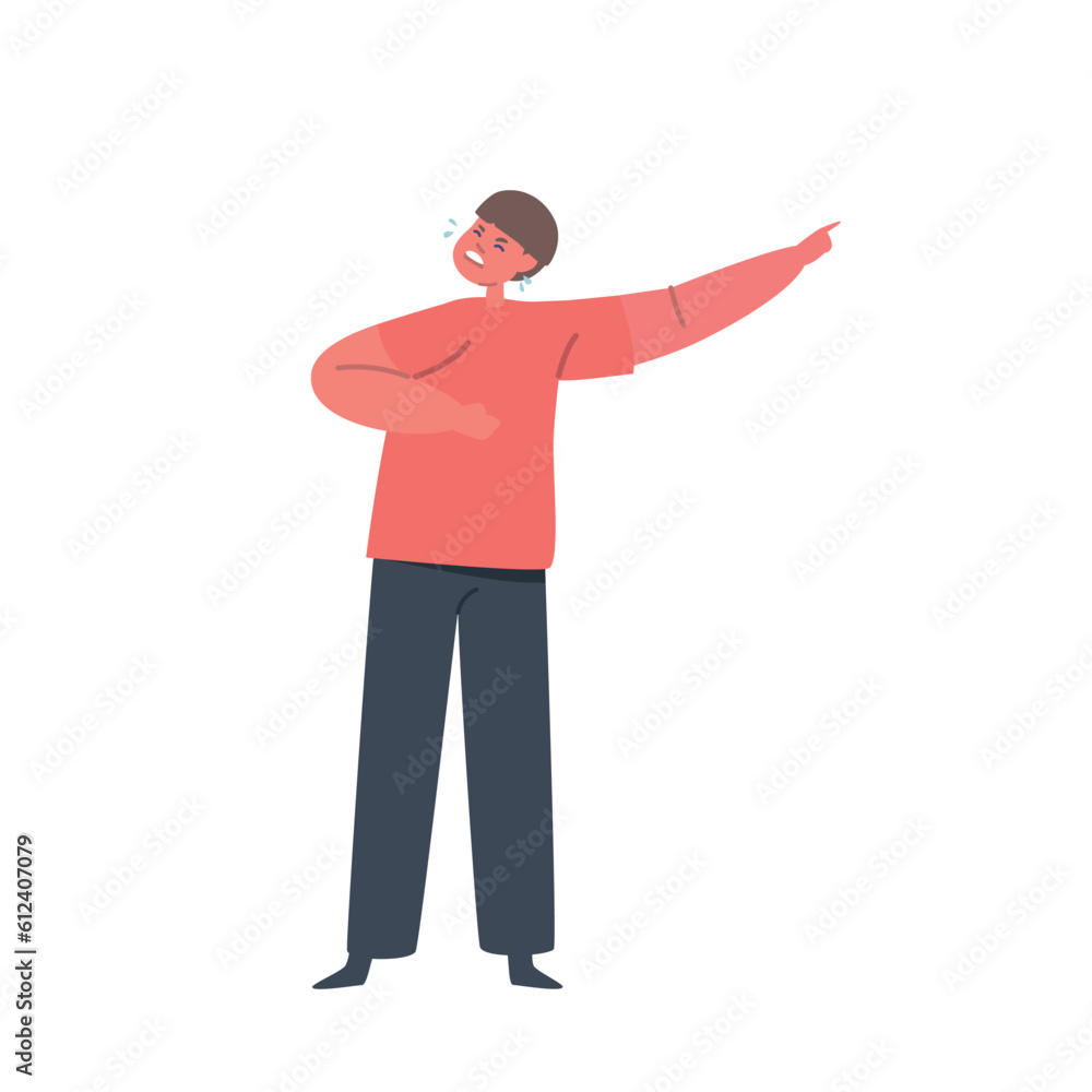 Spoiled Child Boy Character In A State Of Hysteria, Pointing Emphatically With Their Finger, Expressing Intense Emotion Spoiled Child Boy Character In A State Of Hysteria, Pointing Emphatically With Their Finger, Expressing Intense Emotion