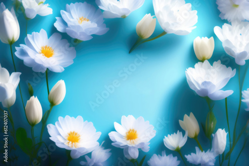 Beautiful floral composition in the form of a frame of white buttercups on a blue background using a soft blur filter.
