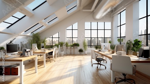 Loft style open space office with skylights and city view. White walls and wooden floor, large tables, comfortable chairs, desktop computers, plants in floor tubs. Generative AI