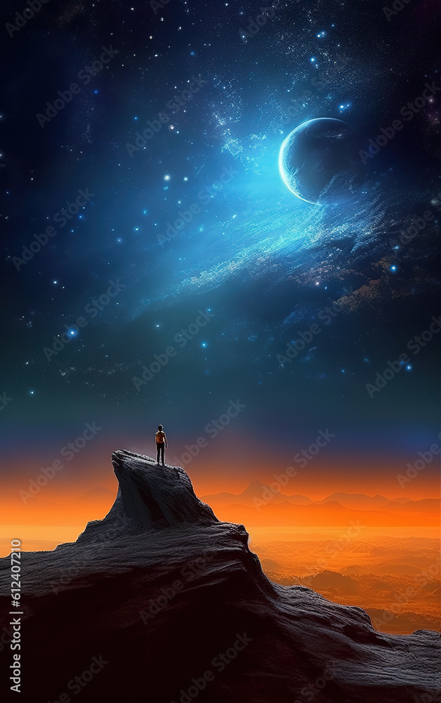 Standing alone on the mountaintop, gazing at the starry universe,created with generative ai tecnology. Standing alone on the mountaintop, gazing at the starry universe,created with generative ai tecnology.