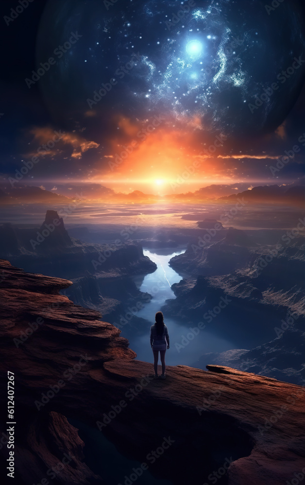 Fototapeta premium Standing alone on the mountaintop, gazing at the starry universe,created with generative ai tecnology.