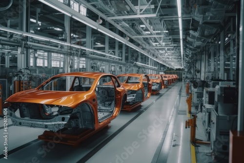 Robotic conveyor line for the assembly of cars. Mechanical assembly of car bodies. Modern automated production of cars in a factory. Generative AI