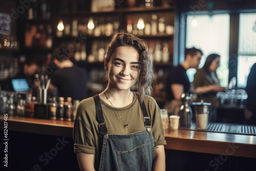 Portrait of a happy and smiling female waiter  or small business owner in the coffee shop.  