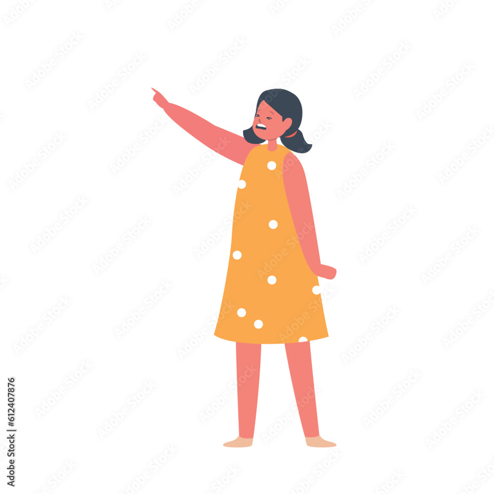 Child Girl Character In A State Of Hysterics, Pointing Their Finger To Something In An Agitated And Intense Manner Child Girl Character In A State Of Hysterics, Pointing Their Finger To Something In An Agitated And Intense Manner