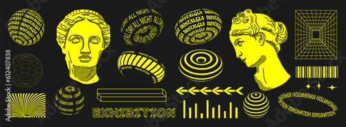 Set in trendy style. Statues and different geometric shapes, frame, cyberpunk elements.