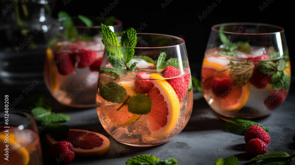 A glass filled with a refreshing fruit-infused water, garnished with mint leaves A glass filled with a refreshing fruit-infused water, garnished with mint leaves
