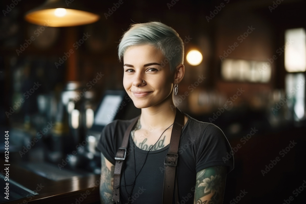 Portrait of a happy and smiling female waiter, or small business owner in the coffee shop. Portrait of a happy and smiling female waiter, or small business owner in the coffee shop.