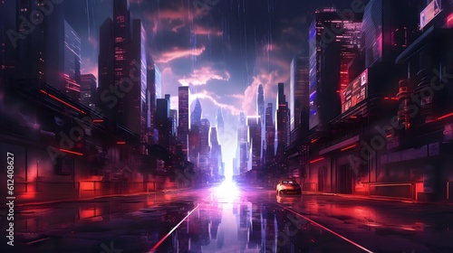 Neon night city of the future. Night panorama of the city  neon light. Generative ai.