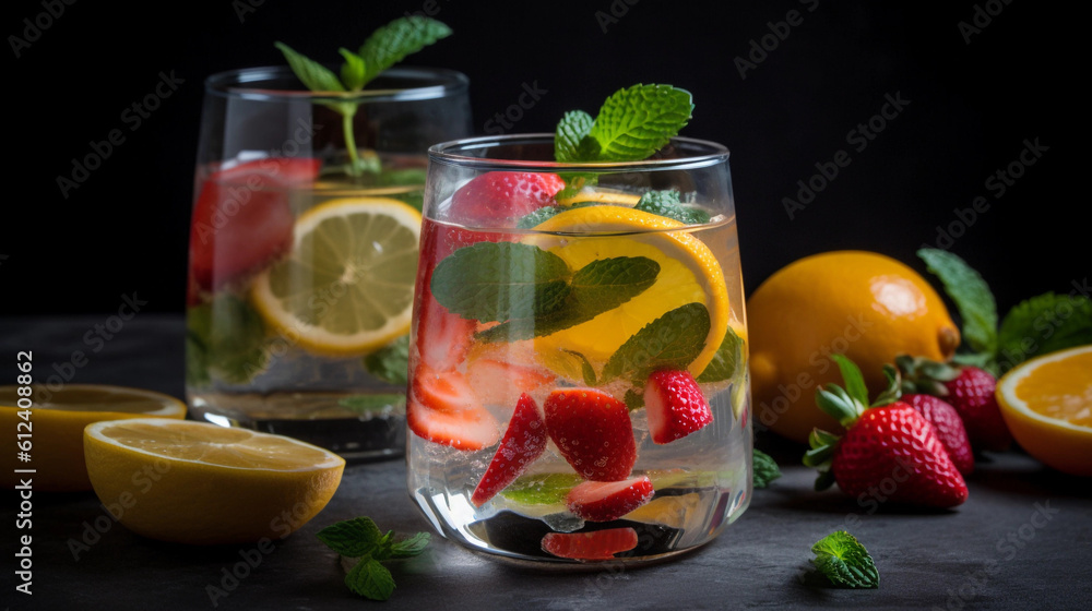 A glass filled with a refreshing fruit-infused water, garnished with mint leaves A glass filled with a refreshing fruit-infused water, garnished with mint leaves