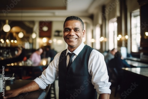 Portrait of a happy and smiling waiter  or small business owner in the coffee shop.  