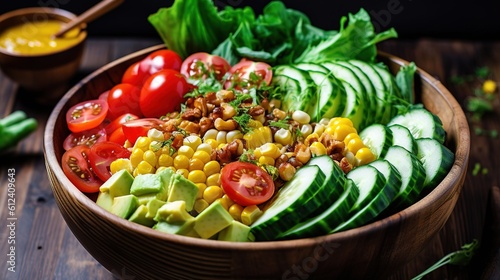 Healthy salad bowl with quinoa, tomatoes, chicken, avocado, lime and mixed greens lettuce, parsley on wooden background top view. Food and health. Generative ai.