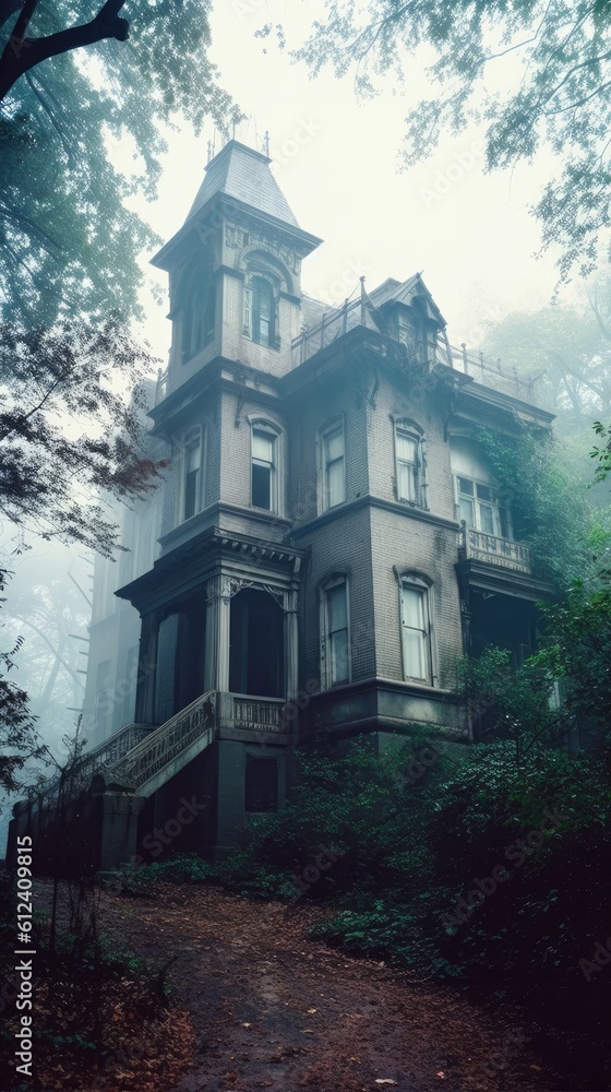 Portrait of a spooky haunted mansion in a gloomy and foggy environment Generative AI Illustration Portrait of a spooky haunted mansion in a gloomy and foggy environment Generative AI Illustration