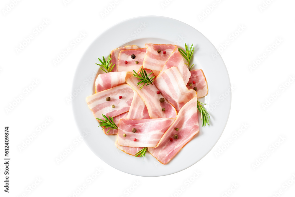 Smoked bacon strips and rosemary in a white plate isolated on white background, top view.