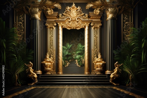 Luxury inlet lounge background with fine wooden stairs and gilded crafted wood Generative AI Illustration