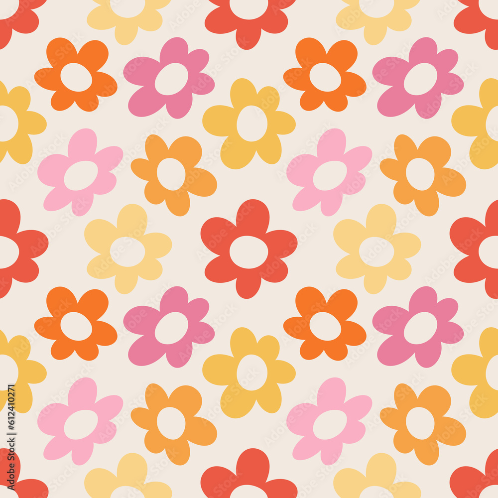 Seamless pattern with retro style pink, yellow, red and orange daisy flowers decoration on beige background Seamless pattern with retro style pink, yellow, red and orange daisy flowers decoration on beige background