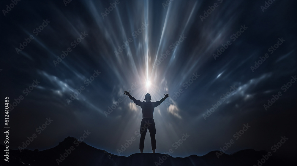 Man with arms to the sky illuminated by a beam of heavenly light Generative AI
