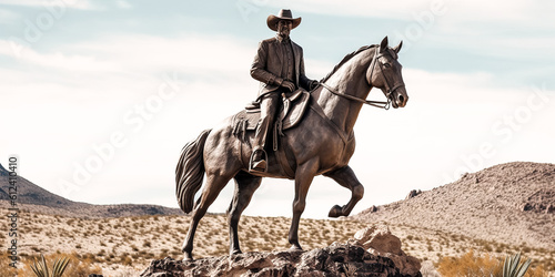A metal cowboy stands tall, his silhouette highlighted against the sun's golden rays. - generative ai.
