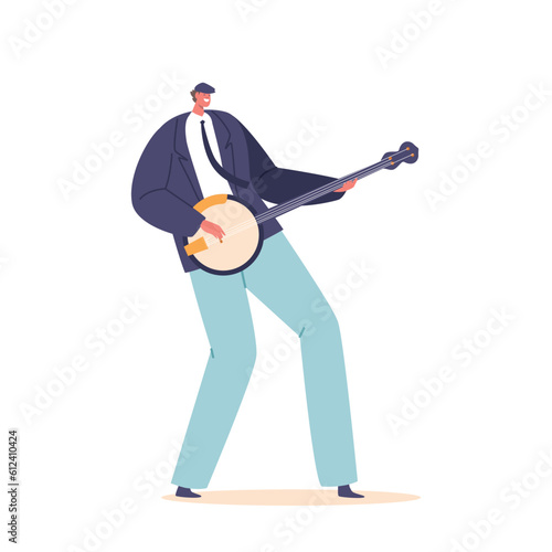 Skilled Musician Male Character Passionately Playing The Banjo, Creating Captivating Melodies With Rhythmic Strumming